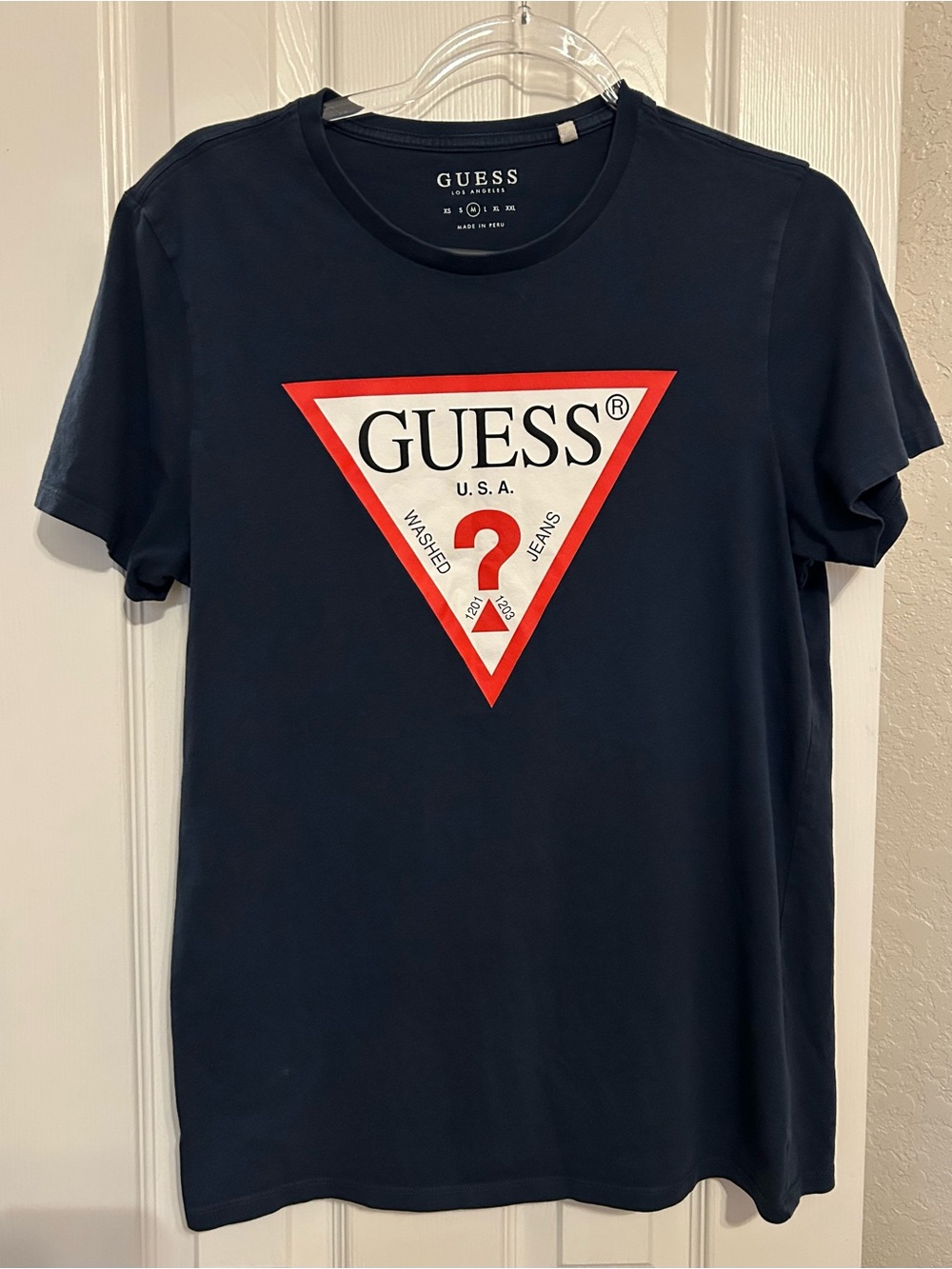 Guess Men's Navy T-Shirt with Red & White Triangle Logo
